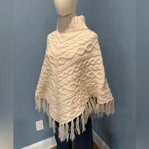 Cream Cable Knit Turtleneck Poncho Fringe One Size Boho Cozy